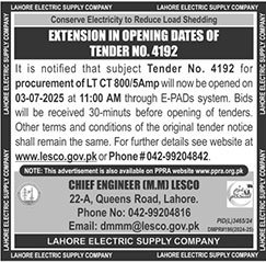 Lahore Electric Supply Company Lahore Tender Notice